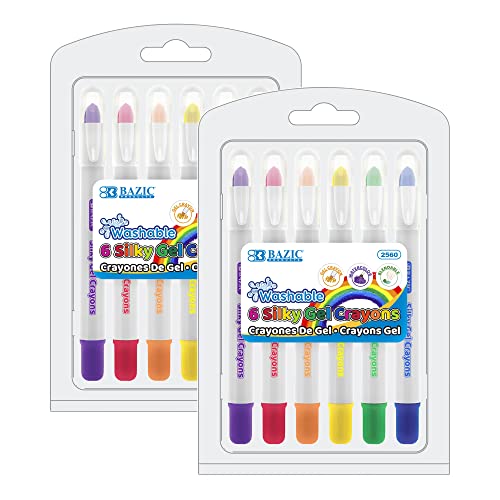 BAZIC PRODUCTS Silky Gel Crayons, 6 Colors, Non-Toxic, 6 Count, 2-Pack | Washable, silky gel crayons in 6 bright colors, water-soluble, easy to blend, ASTM D-4236 - color: 6 Color, size: 2-Pack
