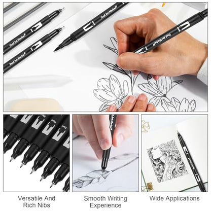 Qianyu 12 Pack Drawing Pens Black Felt Tip Markers Dual Brush Fineliners Pens Fine Calligraphy Brush Pens For Beginners Art Sketching Writing Hand Lettering Scrapbooking Journaling