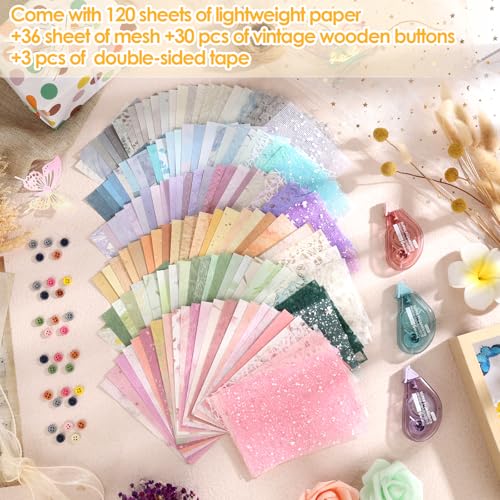 156 Sheets Textured Scrapbook Paper and Mesh Fabric Assorted Set, Sublaga 6 Pack Mixed Special Paper for Scrapbooking Planner Bullet Junk Journal Supplies 5.5x4 Inch