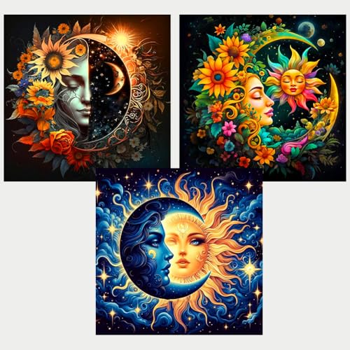 Axquilon 3 Pack Sun and Moon Diamond Art Kits for Adults 12x12inch | Diamond Painting Kits for Adults, 5D Round Full Drill Gem Art Paint by Diamonds Pictures DIY Crafts Kits - color: 3 Pack Sun Moon