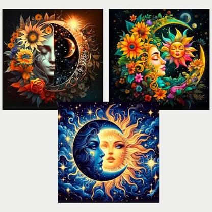 Axquilon 3 Pack Sun and Moon Diamond Art Kits for Adults 12x12inch | Diamond Painting Kits for Adults, 5D Round Full Drill Gem Art Paint by Diamonds Pictures DIY Crafts Kits - color: 3 Pack Sun Moon