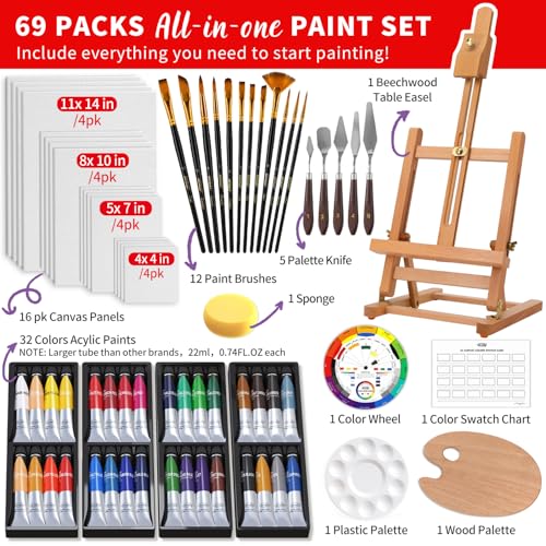 ARTALLY Acrylic Paint Set for Adults & Kids, 69 Pcs Canvas Painting Kits, 32 Colors Acrylic Paint (22ML),Table Easel,Brushes,Canvas, Art Painting Supplies Kit for Students,Artists,Beginners - size: 69 Piece Set