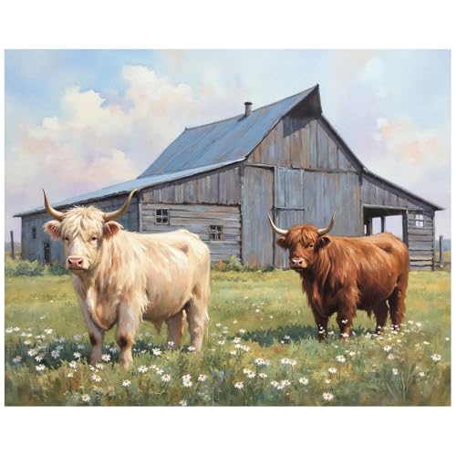 Farm Animal Paint by Numbers Kit for Adults - DIY Highland Cows with Barn Painting on Canvas, Acrylic Paint Set, Suitable for Beginners, Rustic Art for Home Decoration or Gifts(8X12IN Framed) - color: HSX03609, size: 8X12IN Framed