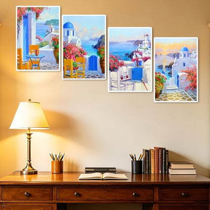 Lanzeyo 4 Pcs Paint by Numbers Kits for Adults Framed Canvas with Wooden Easel DIY Mediterranean Landscape Oil Paintings Kits Paint by Numbers on Canvas Wall Art (8x12 inch) - color: 02 Landscape