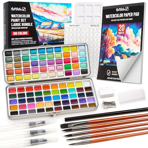 Premium Watercolor Paint Set Bundle with 100 Vibrant Colors for Adults | For Beginners & Professional – Painting Kit & Art Supplies for Adults – Portable Watercolor Set with Paper Pad & Brushes - color: Large Set