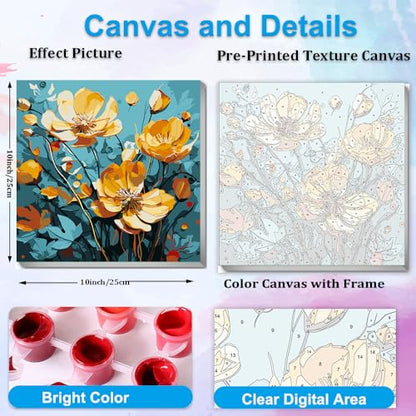 Artunion Framed Paint by Numbers Kit for Adults Beginners & Kids Ages 8-12,Yellow Flower Paint by Number with Frame,Floral Abstract Paint by Numbers Kit on Canvas 10 * 10 Inch Without Easel - color: ZXT-240-F