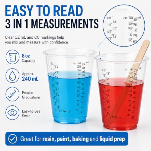 Plastic Measuring Cups with Mixing Sticks, 8 oz Clear Cup, 50 Pack | Disposable measuring cups with sticks, DIY mixing accurate oz ml cc scales for resin paint baking