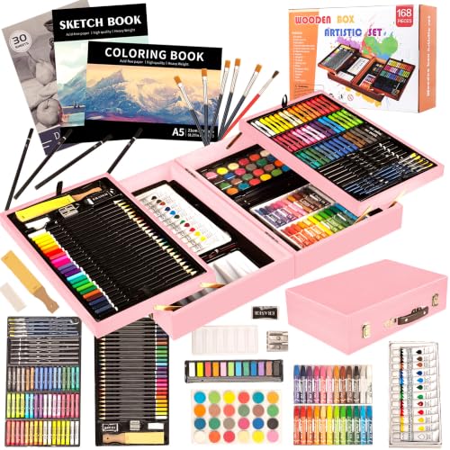 KINSPORY 168 Pack Wooden Art Set, Deluxe Painting Drawing Kit with 3 Coloring Books, Oil Pastels, Watercolor Paints, Art Crafts Supplies, Creative Gift for Beginners, Kids, Boys, Girls & Artists - color: Pink
