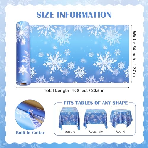 100FT x 54IN Snowflake Plastic Tablecloth Roll with Slide Cutter Box | Heavy Duty Disposable Blue & White Table Cover Wall Backdrop, Cut-to-size for Frozen Birthday Party Supplies - color: Blue and Purple Snowflake, size: 1200" x 54" (Rectangular)