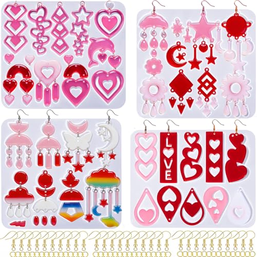 4 Pack Heart Resin Earring Mold Love Heart Star Shape Earring Silicone Molds for Mother's Day UV Casting Epoxy Silicone Molds Jewelry Earring Making Kit with 200 Earring Hook for DIY Crafts Keychains - color: Clear-Love shape
