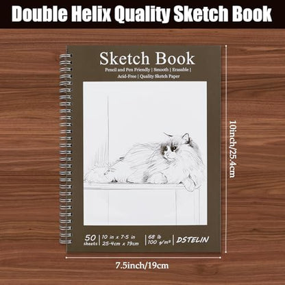 DSTELIN 2 Pack 10" x 7.5" Spiral Bound Art Sketchbook, 50 Sheets 68LB/100GSM Acid-Free Thick Paper, Sketch Pads with Cardboard Backing for Artists and Students