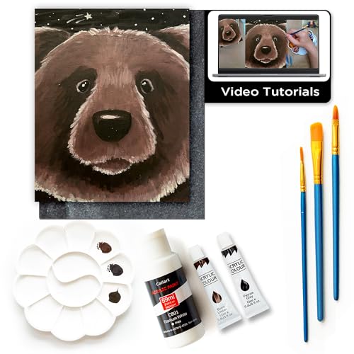 DIY Painting Class Kits for Adults with Video Tutorials, Learn to Paint Curious Brown Bear, How to Paint with Acrylic Paint Sets for Adult, 9 Peices Art & Painting Supplies Gifts for Mom - color: Curious Brown Bear