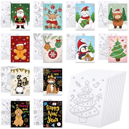 Anseal 12 Packs Christmas Pre Drawn Canvas to Paint, 5" X 7" Pre Printed Canvas for Kids, Pre Stretched Canvas Outline Painting Boards for Beginners, Students, Party Favor - color: Christmas