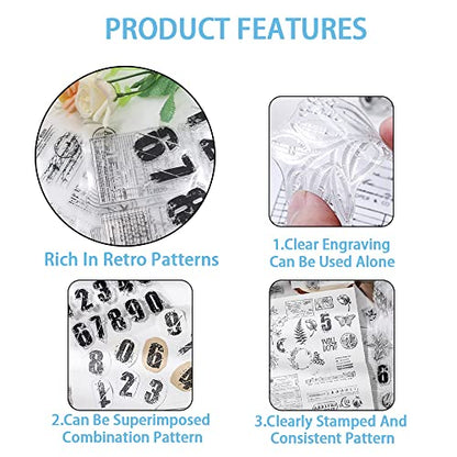 4 Themes 34Pcs Clear Stamps, Retro Rubber Clear Stamp, Transparent Silicone Stamps Seal for DIY Scrapbooking Card Making Decoration, Style A - style: Style A