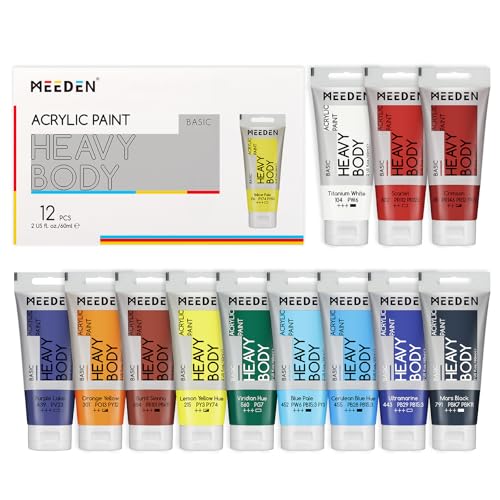 MEEDEN Heavy Body Acrylic Paint: Satin Finish 12 x 60ml (2 oz) Tubes Set | Basic Paint Color Set for Adults, Rich Pigment Halloween Art Craft Paints for Fabric Rock Canvases Pumpkin Painting - color: 12 Colors, size: Set