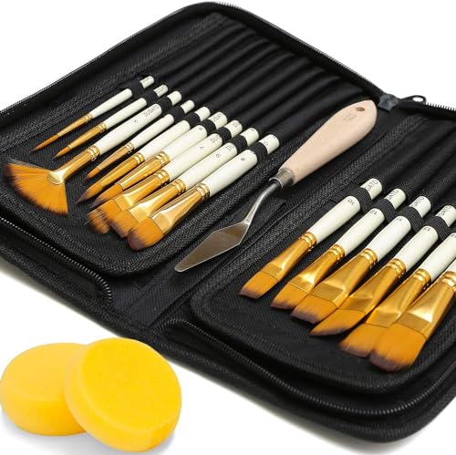DUGATO Paint Brush Set 15pc with Pop-Up Case, Palette Knife & Sponges - color: Yellow