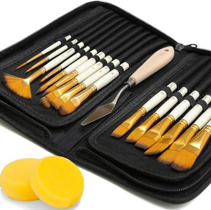 DUGATO Paint Brush Set 15pc with Pop-Up Case, Palette Knife & Sponges - color: Yellow