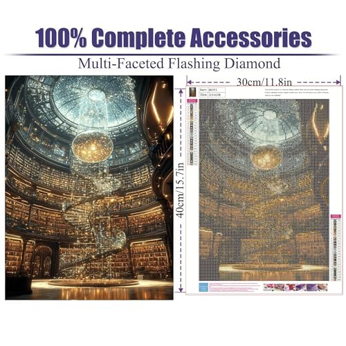 puonidwo Magical Library Diamond Painting Kits for Adults Beginners, 5D Full Round Drill Illuminated Bookshelf Diamond Art Kits, for Home Wall Decor 12X16 Inch - color: BK093