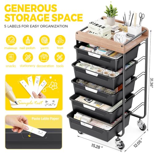 SYKIARIOL Utility Cart with 5 Labeling Drawers and Wooden Tabletop,Black - color: Classic Black, size: 5-Drawer