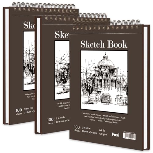 9"X12" Sketch Book Bulk, Top Spiral Bound Sketch Pad, 3 Pack 100 Sheets Each (68lb/100gsm), Acid Free Art Sketchbook Artistic Drawing Painting Writing Paper for Kids Adults Beginners Artists - color: Brown, size: 9" x 12" (Pack of 3)