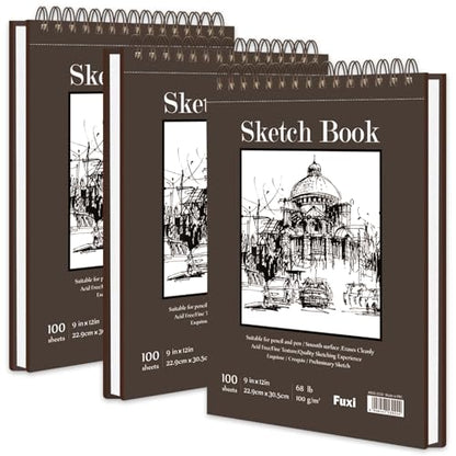 9"X12" Sketch Book Bulk, Top Spiral Bound Sketch Pad, 3 Pack 100 Sheets Each (68lb/100gsm), Acid Free Art Sketchbook Artistic Drawing Painting Writing Paper for Kids Adults Beginners Artists - color: Brown, size: 9" x 12" (Pack of 3)
