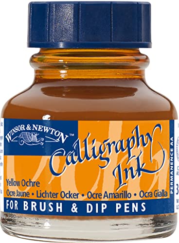 Winsor & Newton Calligraphy Ink, 30ml(1-oz) Bottle, Yellow Ochre | Lightfast Colors, Satin Finish, Thin Inks Suitable for fip-pens, brushes and airbrushes; Opaque Colors for dip-pen or brush - color: Yellow Ochre, size: 1 fl oz