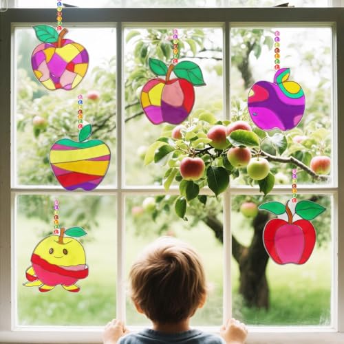 30 Set Apple Suncatcher Craft Kits, Blank Back to School Sun Catcher Art | DIY Window Paint Art Sets for First Day of School Supplies Home Party Activities Art Project - style: Apple