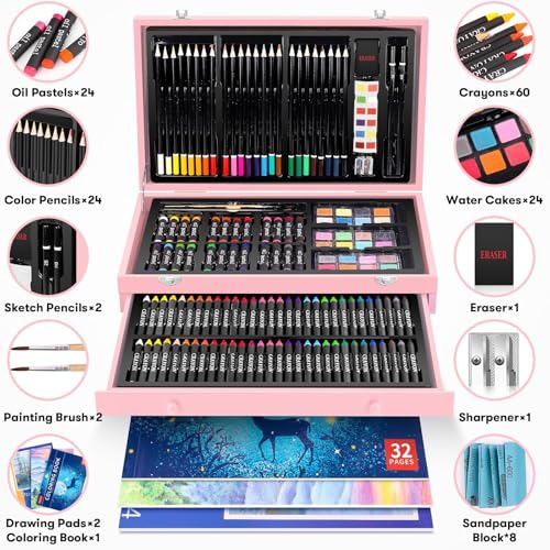 iBayam Pink Art Supplies, Gifts Kids Teen Girls Trendy Stuff 6-16 Year Old | 150-Pack Art Set Kits with 2 Sketch Pads, Coloring Book, Christmas Stocking Stuffers for Teens Girls, Cute Cool Fun Crafts - color: Pink