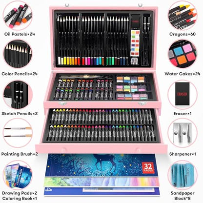 iBayam Pink Art Supplies, Gifts Kids Teen Girls Trendy Stuff 6-16 Year Old | 150-Pack Art Set Kits with 2 Sketch Pads, Coloring Book, Christmas Stocking Stuffers for Teens Girls, Cute Cool Fun Crafts - color: Pink