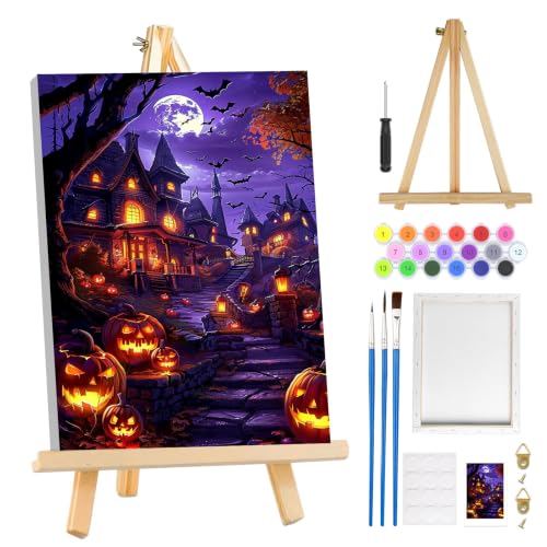 MOGTAA Halloween Paint by Numbers Kit for Adults Beginners with Frame, Pumpkin Castle Adult Paint by Number Kits on Canvas with Easel, Easy DIY Oil Painting Kits for Home Decor, 8x12in - color: Pumpkin Castle-01