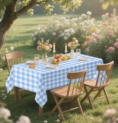 HEIPINIUYE 2 Pack Blue Gingham Tablecloth Disposable 54 x 108 Inch Blue and White Plaid Plastic Table Cloth Disposable Rectangle Table Cover for Party Birthday Picnic Checkered Tablecloths - color: Blue Gingham Tablecloth, size: 2 Pack