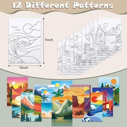 12 Packs Pre Drawn Canvas to Paint for Adults, Pre Printed Canvas for Kids, Pre Stretched Canvas Outline Painting Boards for Beginners, Students, Party Favor (5 * 7 inch, Landscape) - style: Landscape