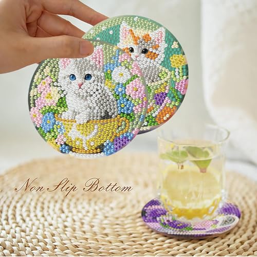Mrnsiet 8PCS Cat Diamond Art Coaster Kits for Adults, DIY Cat Diamond Painting Coaster with Holder, Non Slip Hardwood Bases Coaster Set Gift for Beginners 4x4 Inch - color: Bdwy475-us