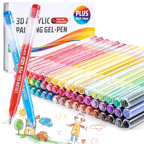 54 Colors Acrylic Gel Pens for Coloring, 3D Colored Paint Pens Markers with 1.0mm Bullet Tip for Adult Coloring Books, Colored Gel Journal Pen for Rock Painting, Fabric, Wood, Wood, Art Supplies