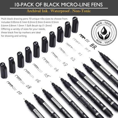 MARTCOLOR Micro Pen Fineliner Pens, 10 Size Black Archival Ink Pens