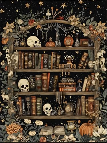 askkqtx Skull Diamond Art Kits for Adults Beginners 12X16 Inch | Goth Skull Bookshelf Diamond Painting Kits for Adult, Full Drill Crystal Rhinestone Gem Diamond Art Craft for Home Wall Decor - color: G7451