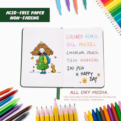 Mix Media Pad,3.5"x5.5" Small Hardcover Leather Art Sketchbook,60 Sheets(112lb/180gsm) Heavyweight Acid Free Artistic Painting Drawing Sketching Paper, Handy Pocket Journal Sketchbook.Blackish Green - color: 180gsm-blackish green