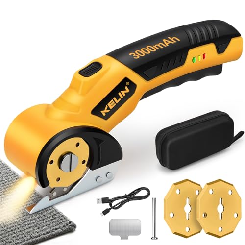 2026 New 3000mAh Cardboard Box Cutter with 2 Titanium Blades, Cordless Electric Scissors with Safety Lock & LED Light, Storage Box, 300RPM, 4V, Cutter for Fabric Carpet Carton Plastic Leather Cloth - color: Yellow-orange 2