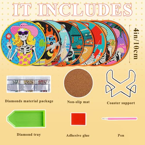 DOTSOPS 8 Pcs Skull Diamond Painting Coasters for Beginners with Holder - color: Eskull