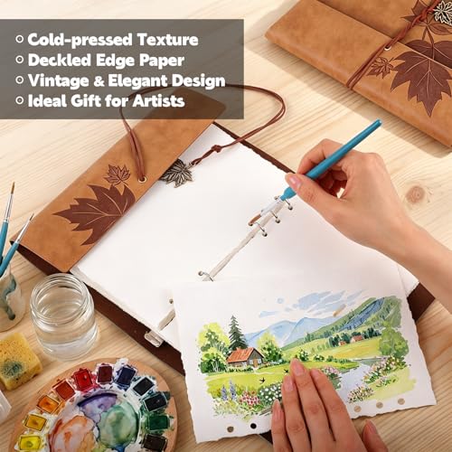Watercolor Journal, 24 Sheets, 5.5 x 8.1 in, Khaki Leather Cover - color: Light Brown