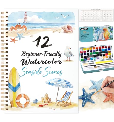 Watercolor Workbook with 12 Seaside Patterns,50 Colors Watercolor Paint Set | Water Coloring Book, Beginner-Friendly Watercolor Workbooks for Creative Exploration Gift for Adults - color: Seaside