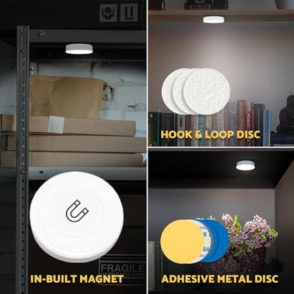 DAZZY DOT Rechargeable Puck Lights 2-Pack, Magnetic Tap Light, Cool White | Dimmable touch control, magnetic & adhesive mounting, 1000mAh rechargeable battery, 8 LED beads, brightness memory - color: Cool White