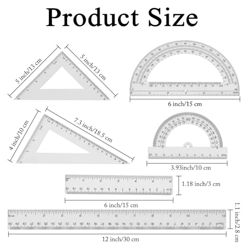 Plastic Clear Ruler Math Set-4 12 Inch 6 Inch Transparent Straight Ruler, 30/60 and 45/90 Triangle Ruler Geometry Math Transparent Ruler Measuring Tool for School Office Home Teachers Kids Supplies - color: Clear