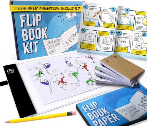 Flip Book Kit with LED Light Pad and Flipbook Paper, Animation Kit for Kids | Includes Starter Guide and Animation, A5 Light Box, Flip Book Animation Paper for Drawing, Binding Screws,Flip Books for Kids