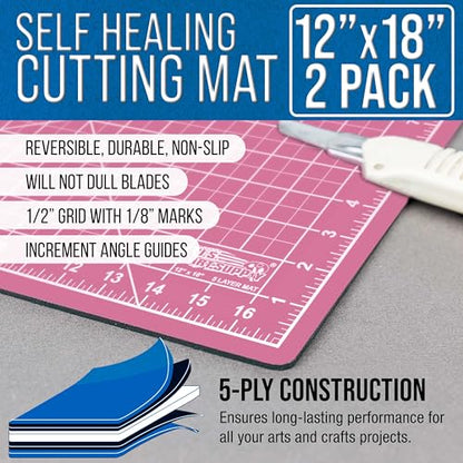 U.S. Art Supply 12"x18" Self-Healing Cutting Mat 5-Ply (2 Pack) Pink/Blue | Double-Sided Pink/Blue Craft Mat, Non-Slip Cutting Mats for Crafts, Sewing, Quilting, Scrapbooking - color: Pink/Blue