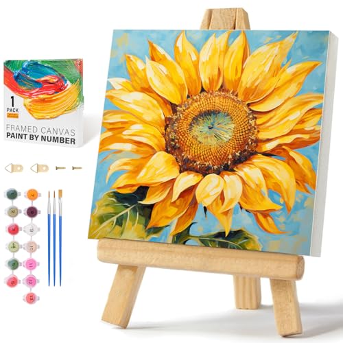 Offito Framed Paint by Numbers Kit for Adults Beginners, Sunflower | 10x10 Inch, without Easel, Easy DIY Acrylic Canvas Craft Kit with Frame, Home Decor, Stress Relief Relaxing Hobby Gift - color: BOP1PF02, size: 10 x 10 Inch
