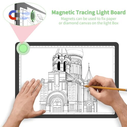 KOBAIBAN A4 Magnetic Light Box with Bag, Rechargeable Diamond Art Light Board with Side Physical Buttons, 3 Color Light Modes Super Bright Light Pad Light Table for Tracing, Drawing, Sketching (Black) - size: A4 with Bag