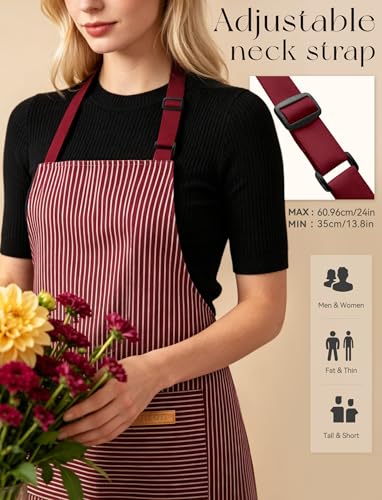 2 Pack Kitchen Cooking Aprons, Soft Aprons for Women Men with 2 Pockets Chef Apron with Adjustable Neck Strap and Long Tie - color: Red/Black