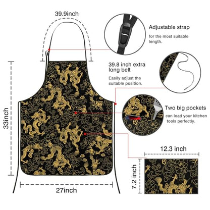 Apron with 2 Pockets,Kitchen Chef Artist Aprons for Cooking Gardening Baking Painting, Waterproof Apron 33" x 27" - color: Chinese Dragon