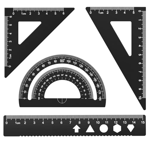 MSDADA Triangle Ruler, Protractor, Square and Ruler Set, 4 Pieces Aluminum Alloy Ruler, Metal Drafting Ruler Kit, Geometric Protractor for Student, School, Home, Office (Black, 15cm/5.9inch) - color: Black, size: 15cm